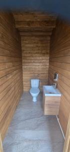 a bathroom with a toilet and a sink in a wooden wall at Mäe Puhkemaja in Rosma