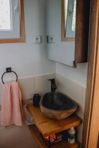 a bathroom with a bowl sink on a wooden shelf at Statek ráj Netvořice, Tiny house and Farm Experience in Netvořice +20 photos