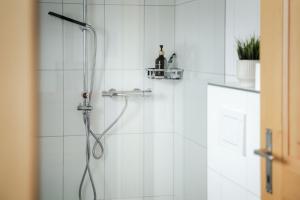 a white bathroom with a shower with a hose at Bergchalet mit Panoramablick nahe Brienz in Axalp +36 photos