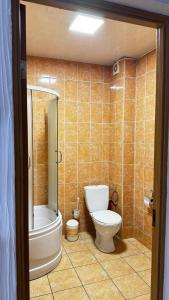 a bathroom with a toilet and a tub and a sink at Hotel Segafredo in Solotvyno +25 photos