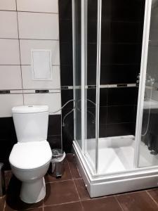 a bathroom with a toilet and a shower at Coastal Studio with Sea View in Elenite, 40m² + Pool in Elenite