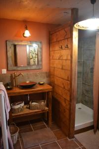 a bathroom with a sink and a shower at La Parenthèse Béarnaise in Bonnut