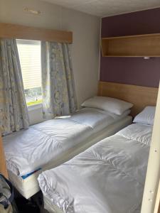 two bunk beds in a room with a window at 159 cambersands in Hastings