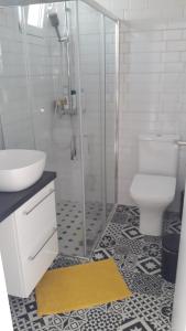 a bathroom with a shower and a toilet and a sink at Veranda Agia Marina in Agia Marina Aegina +6 photos