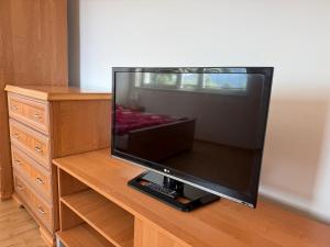 a flat screen tv sitting on top of a wooden stand at Penzión Terno in Považská Bystrica +22 photos