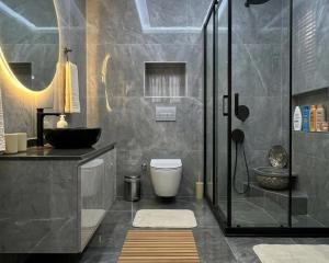 a bathroom with a shower and a toilet and a sink at 2 bedrooms living apartments in Lahore