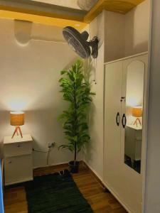 a room with a plant in the corner of a room at Adel home in Kafr al Ishārah