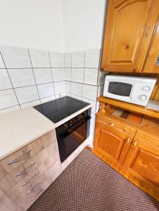 a small kitchen with a stove and a microwave at Апартамент Извор 6 in Smolyan