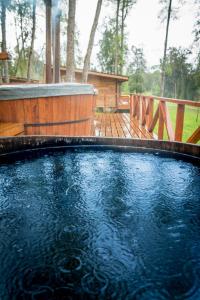 una gran piscina de agua con terraza de madera en Los Lingues Lodge, en Puerto Octay