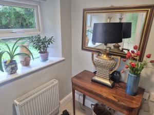 a lamp on a table with a mirror and flowers at Dovetail Cottage in Wexford