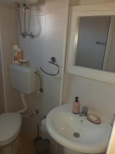 a bathroom with a sink and a toilet and a mirror at Apartman Sema in Donji Štoj