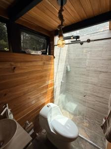 a bathroom with a toilet and a shower and a sink at Cabaña Con Jacuzzi Privado y Vista a La Montaña in Guarne +19 photos