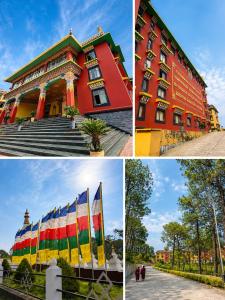 four different pictures of a building with flags in front at Aurelia Ridge in Bīr