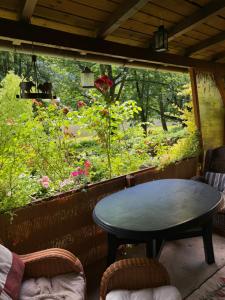 a table on a porch with a view of a garden at Campingurlaub mit Blick auf die Elbe in Pfaffendorf
