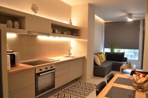 a kitchen with a stove and a couch in a room at Downtown apartment - Signature in Kamena Vourla