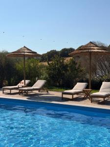 a group of chairs and umbrellas next to a pool at Agreen Country House in Olbia