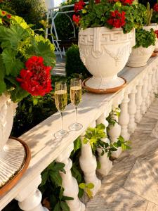two glasses of champagne on a railing with flowers at Vasiliu Boutique Hotel Ksamil in Ksamil