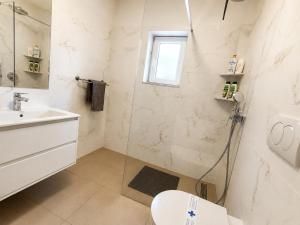 a bathroom with a shower and a toilet and a sink at Apartments Merlin in Novigrad Istria +10 photos