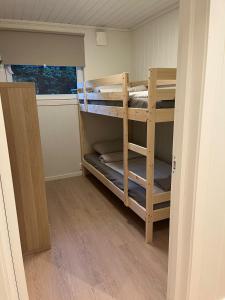 a room with two bunk beds and a window at Basement apartment in Tokheim