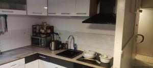 eine kleine Küche mit Spüle und Mikrowelle in der Unterkunft Multsu apartment in Tampere