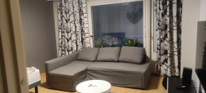 ein Wohnzimmer mit Sofa und Fenster in der Unterkunft Multsu apartment in Tampere
