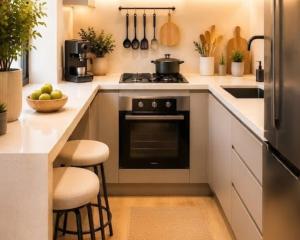 a kitchen with a stove and a counter with stools at Luxury apartment With 3 Ac and Free Parking in Lahore +6 photos