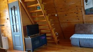 a living room with a tv and a staircase in a cabin at Domek letniskowy in Antonowo