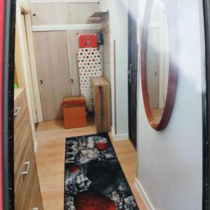 a hallway with a mirror and a rug on the floor at TANIE NOCLEGI u WOJTKA in Cieplice Slaskie Zdroj