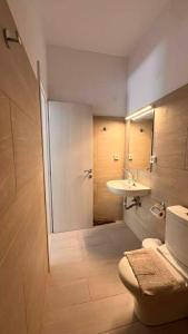 a bathroom with a shower and a sink and a toilet at Ellia Mirtiotissa Rooms in Glyfada