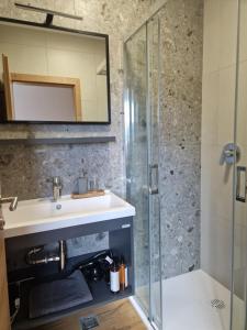 a bathroom with a sink and a shower at Domačija Blaževc in Žiri +56 photos