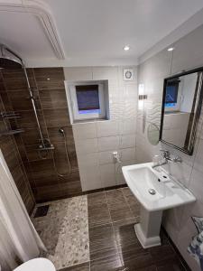 a bathroom with a sink and a shower at Senja Aurora Lodge in Senja +44 photos