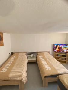 two beds sitting in a room with a tv at L&L A66 Ferienwohnung in Gründau