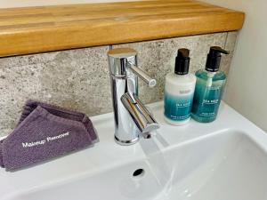 a bathroom sink with a faucet and two bottles of soap at The Byre in Rispond