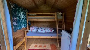 a bedroom with a bunk bed in a wooden house at Välgi Puhkepesa in Välgi
