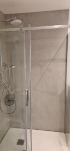 a shower with a glass door in a bathroom at Studio moderne Évian, lac et therme in Évian-les-Bains