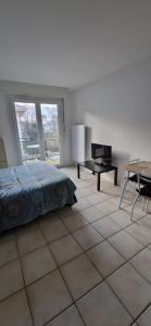 a bedroom with a bed and a table and a desk at Studio moderne Évian, lac et therme in Évian-les-Bains