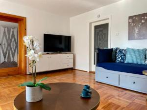 a living room with a blue couch and a tv at Ferienhaus L45 in Elsterheide
