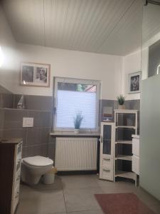 a bathroom with a toilet and a window at Waldblick in Marlow +13 photos