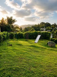 a playground with a slide in a grass field at Mirage 8D Inn in Vythiri