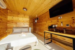 a bedroom with a bed and a flat screen tv at Lenka & Anika in Nikšić