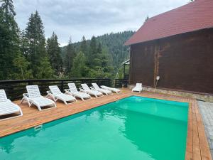 a group of lounge chairs and a swimming pool at Котеджі Сім Вітрів in Volosyanka