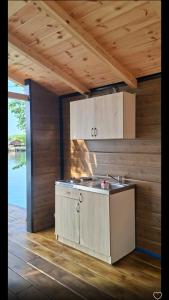 a kitchen with a sink and a wooden wall at Kucica Janja in Ulcinj