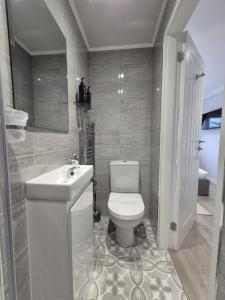 a bathroom with a white toilet and a sink at Pro Stay Studio in Fort William