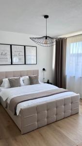 a large white bed in a white bedroom with a chandelier at Voyage in Kehl am Rhein