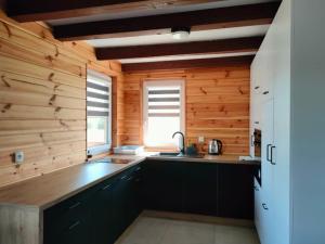 a kitchen with wooden walls and a counter top at Przystanek Ładnówko in Kruszyny Szlacheckie