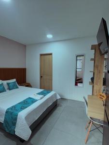a bedroom with a bed and a tv and a chair at CASA HOTEL SANTA INES in Mompós