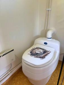 a bathroom with a toilet with a painting on the lid at Hus Hammerstrand in Hammarstrand +75 photos