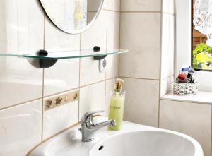 a bathroom sink with a glass shelf above it at Siebers-Ferienwohnung in Saupsdorf +11 photos