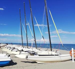 a row of sailboats are lined up on the beach at Casa Climatizzata Marina di Pisticci-Marconia in Marconia