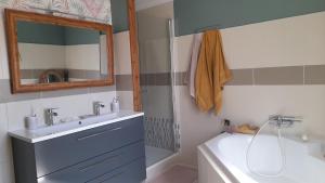 a bathroom with a sink and a mirror and a tub at les hirondelles de Barrou in Saint-Jean-de-Barrou
